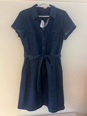 NWTJ. Crew Factory Denim Utility Dress Short Sleeve w/Tie + Button Front Size 10